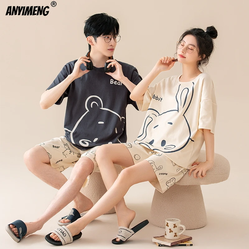 100% Cotton Summer New Fashion Short Sleeve Short Pants Couple\'s Pajamas Soft Cotton Kawaii Bear Printing Sleepwear for Lovers