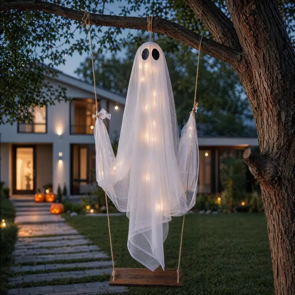 Halloween Ghost Decoration, Large Hanging Swing Ghost with LED String Lights, Battery Powered Ghost Figure for Outdoor Indoor Ha