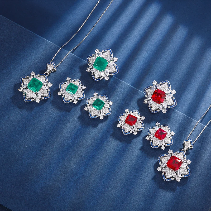 

EYIKA Luxury Lab Ruby Bridal Jewelry Set for Women Green Fusion Crystal Blue Zircon Lace Flower Necklace Earrings Ring Sets