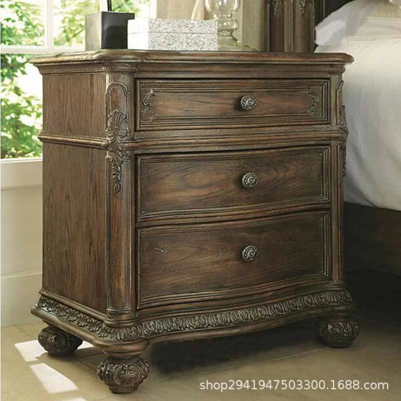 Furniture Solid wood bedside table European retro carved edge cabinet Locker Bedroom bedside three pumping cabinet Storage cabin