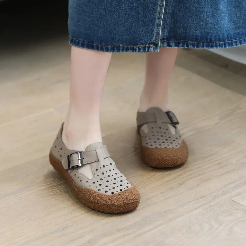 

Birkuir Retro Mary Jane Hollow Out Women Flats Shoes Lazy Spring Buckle Shoes Luxury Soft Soles Genuine Leather Casual Shoes