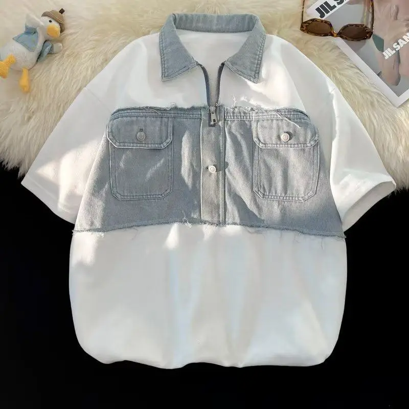 Men's Fake two-piece T-shirt Spring/Summer Short Sleeve Denim Splicing Zipper Tops American Casual Fashion Male Lapel Tees
