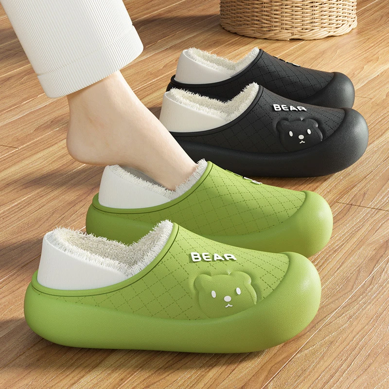 Cute Bear Waterproof Winter Home Slippers Women Warm Plush Indoor Cotton Shoes Woman Comfort Soft Sole House Bedroom Slides