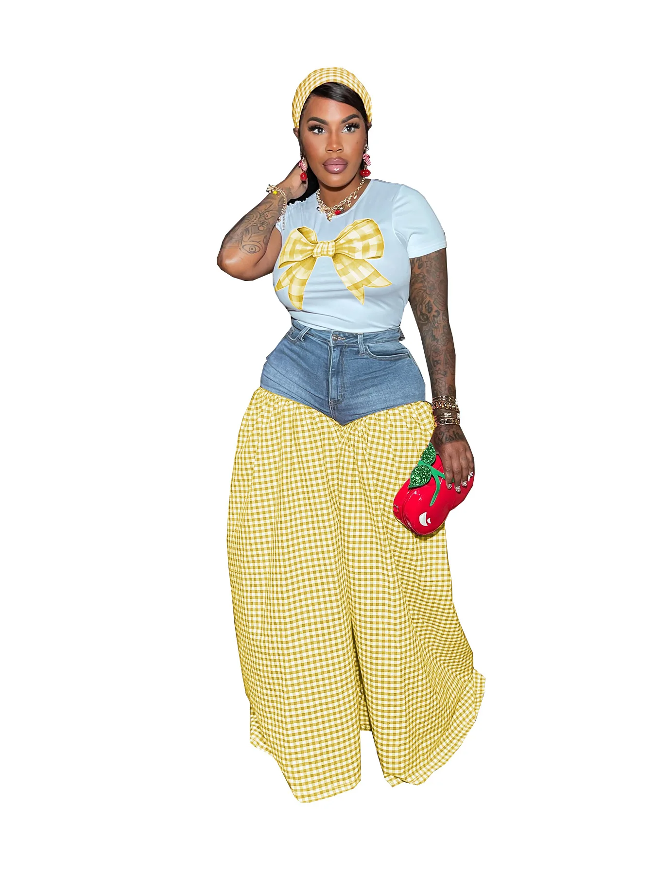 2025 verão outono moda feminina impresso camiseta emendado xadrez de cintura alta solta casual calças de perna larga conjunto de duas peças