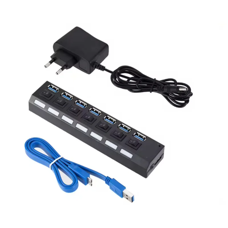 

TTKK-USB 3.0 Концентратор USB-концентратор 7-портовый мультирасширитель USB-разветвитель Используйте адаптер питания 3.0 USB3-концентратор с переключателем для ПК