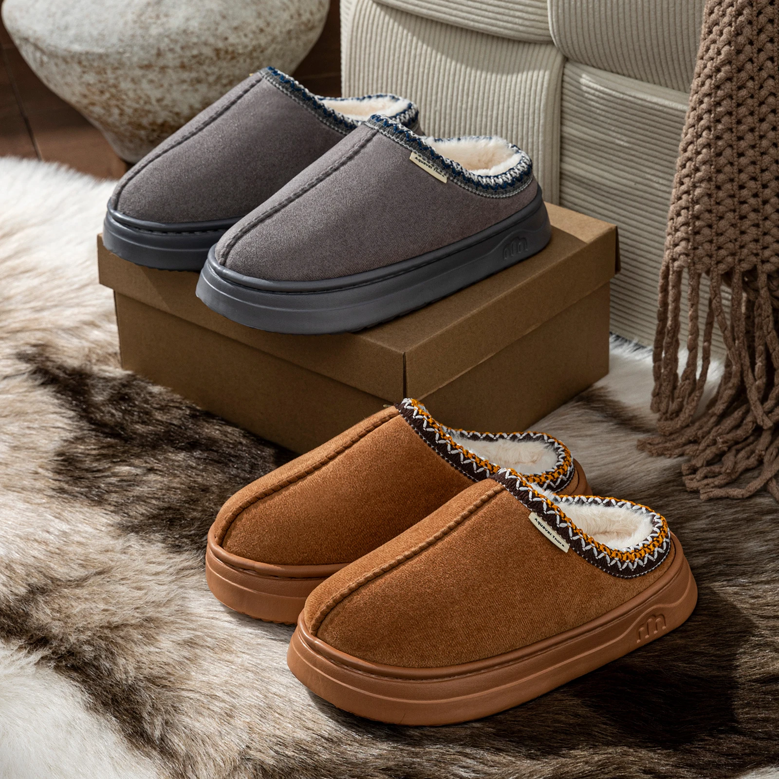 

Warm Simple Casual Couples Men's Slippers Winter Boots Comfy Fashion Bedroom Soft Sole Women's Home Plush Shoes Indoor Non-slip