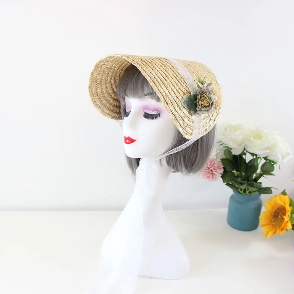French Style Lolita Straw Hat Victorian Bonnet Handmade Beach Hat Sweet Lace-up Hair Accessories Flat Top Hat view 3