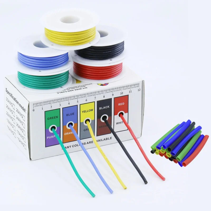 Flexible Silicone Electrical Wire Kit 16 18 20 22 24 26 28 30 AWG with Heat Shrink Tubing, 5 Color Stranded Tinned Copper Wires