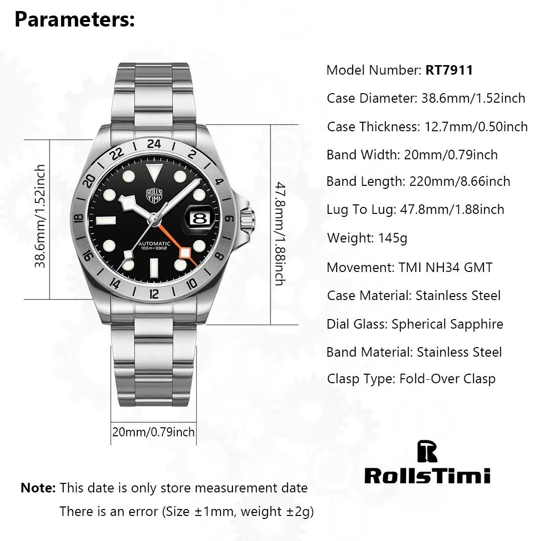 RollTime 39mm GMT Watch For Men Mechanical Wristwatch NH34 Automatic Watch Man Stainless Steel AR Sapphire Mirror Luminous Clock