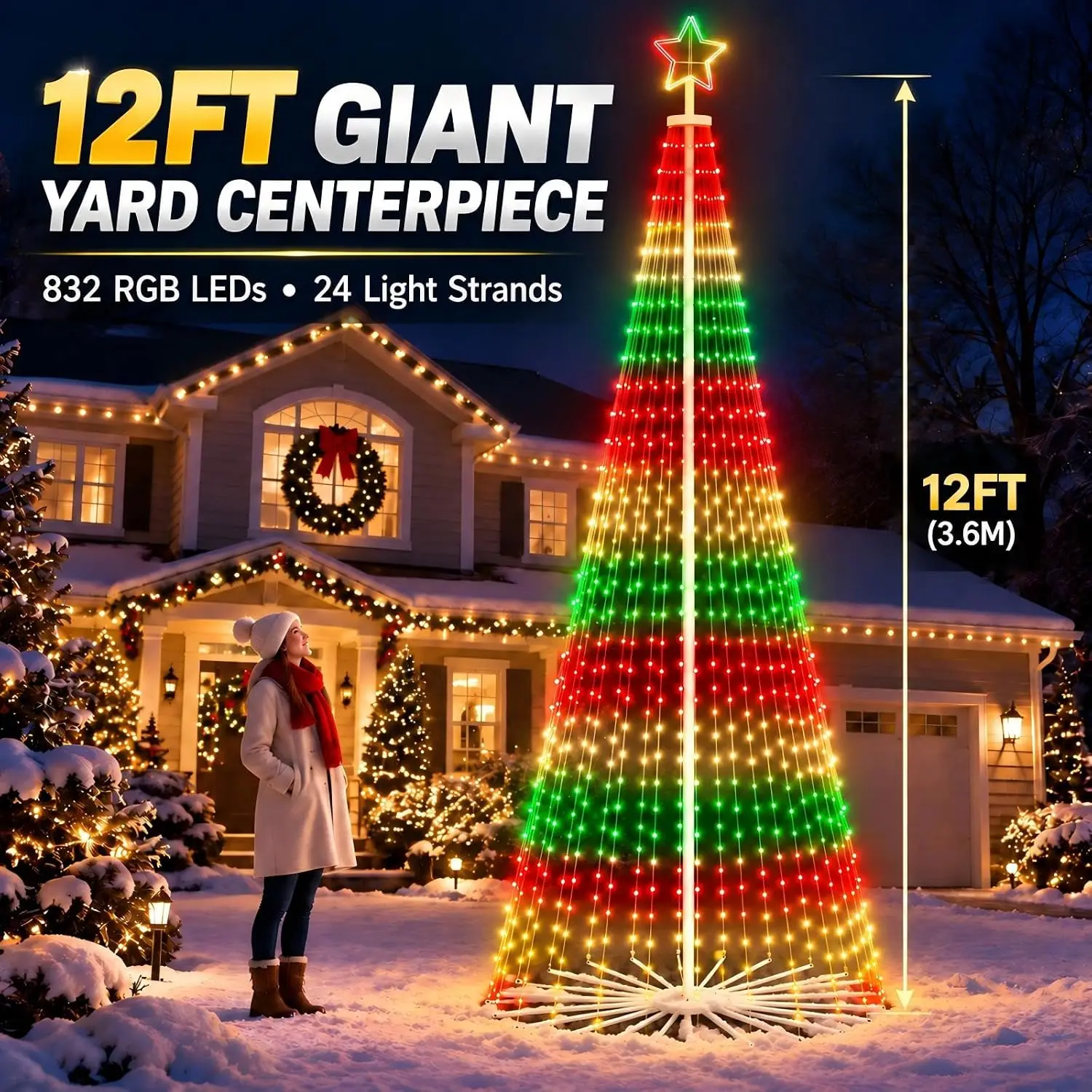 12FT Outdoor Christmas Tree with Smart LED Lights, 3D RGB Animated Cone Tree Light Display