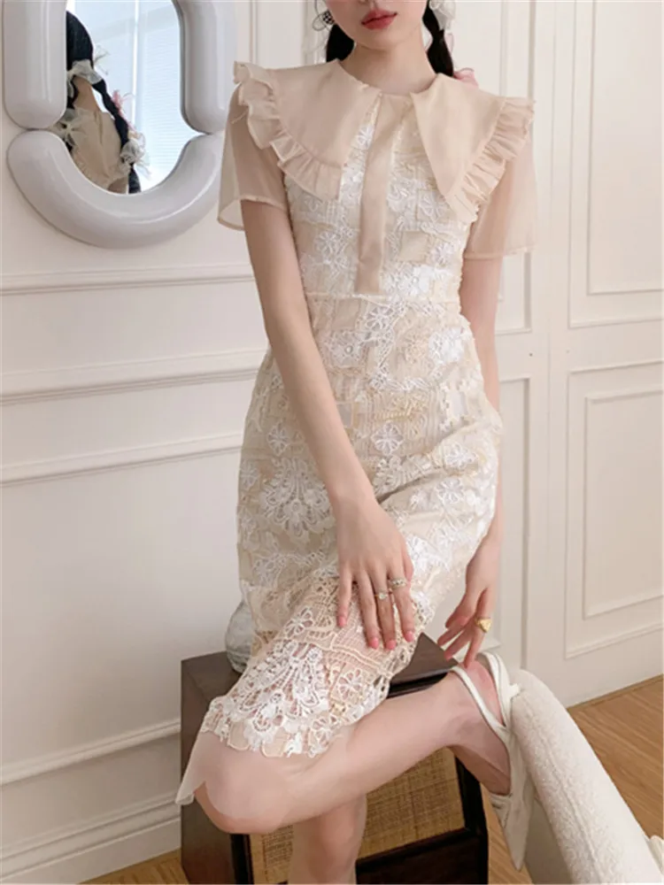 Boho Runway Floral 2022 Embroidery Print Sexy Elegant Short Sleeve A-Line Dresses for Women Vintage Mesh Party Summer Chic Lace