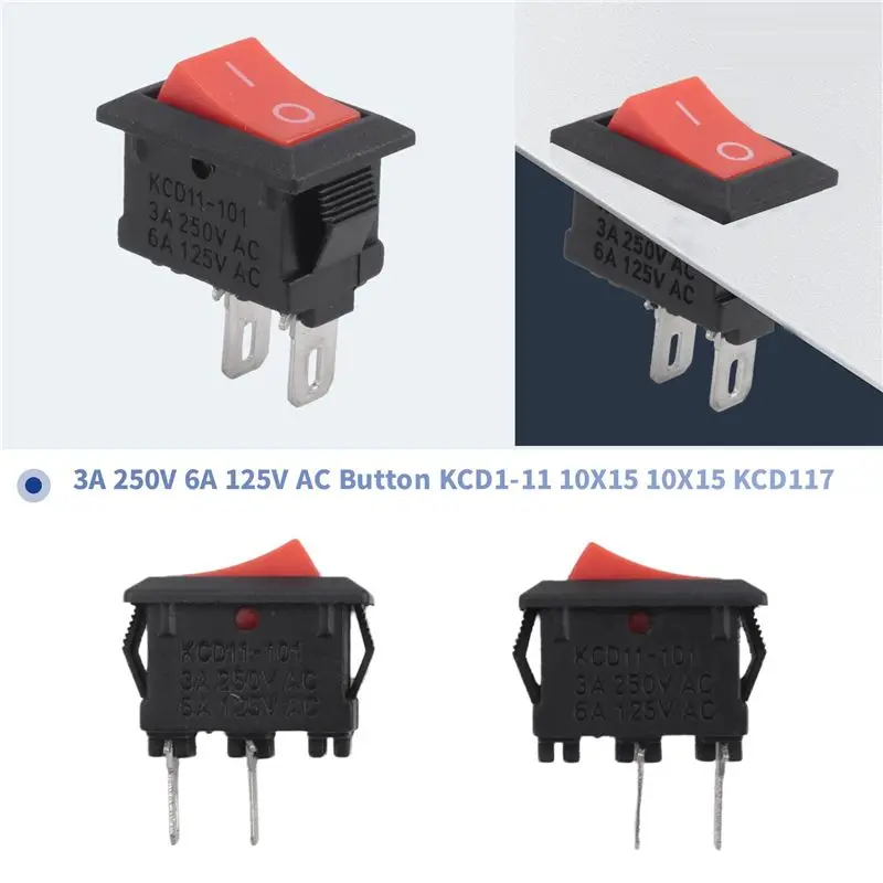 DT17 20PCS KCD11 2Pin 2P Black Red Boat Car Rocker Switch, 3A 250V 6A 125V AC Button On-Off Switch KCD1-11 10X15, Power Switch
