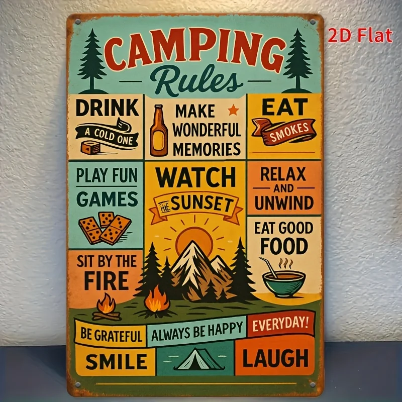 Camping Rules Metal Wall Art Sign - Rustic Iron Decor for Home, Bar, Cafe, Garage - 