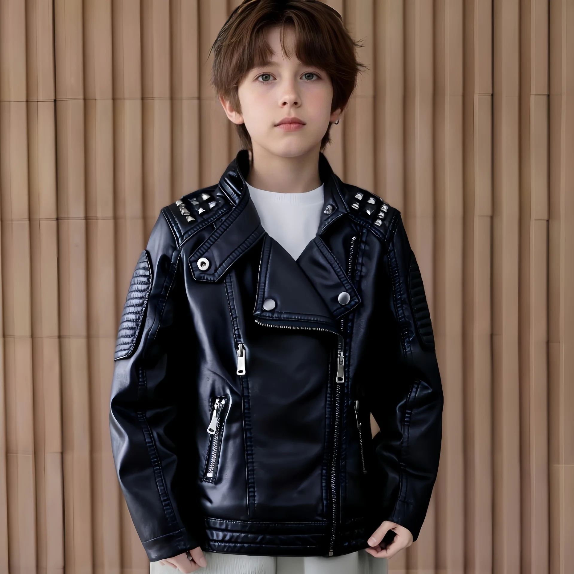 Children's Leather Clothing with Rivets, Stylish PU Leather Clothing for Spring and Autumn, New Style Korean Version, Slim Fit,