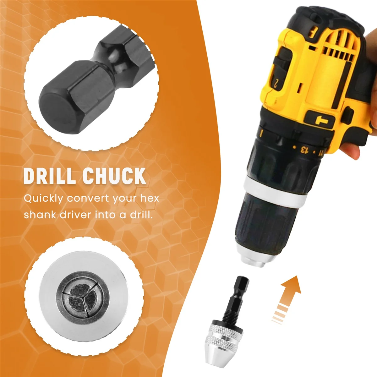 Broca Keyless Chuck Quick Change Adapter, Conversor, Hex Shank, Prata e Preto, 6mm