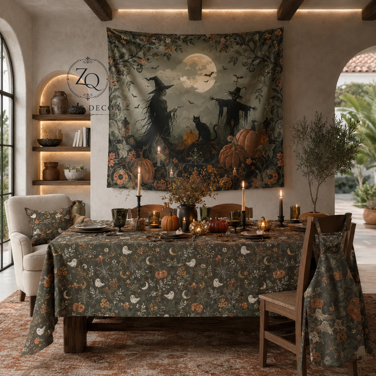 

Decorate Your Halloween Dinner with Style: Vintage Scarecrow Tapestry and Olive Green Tablecloth with Ghosts