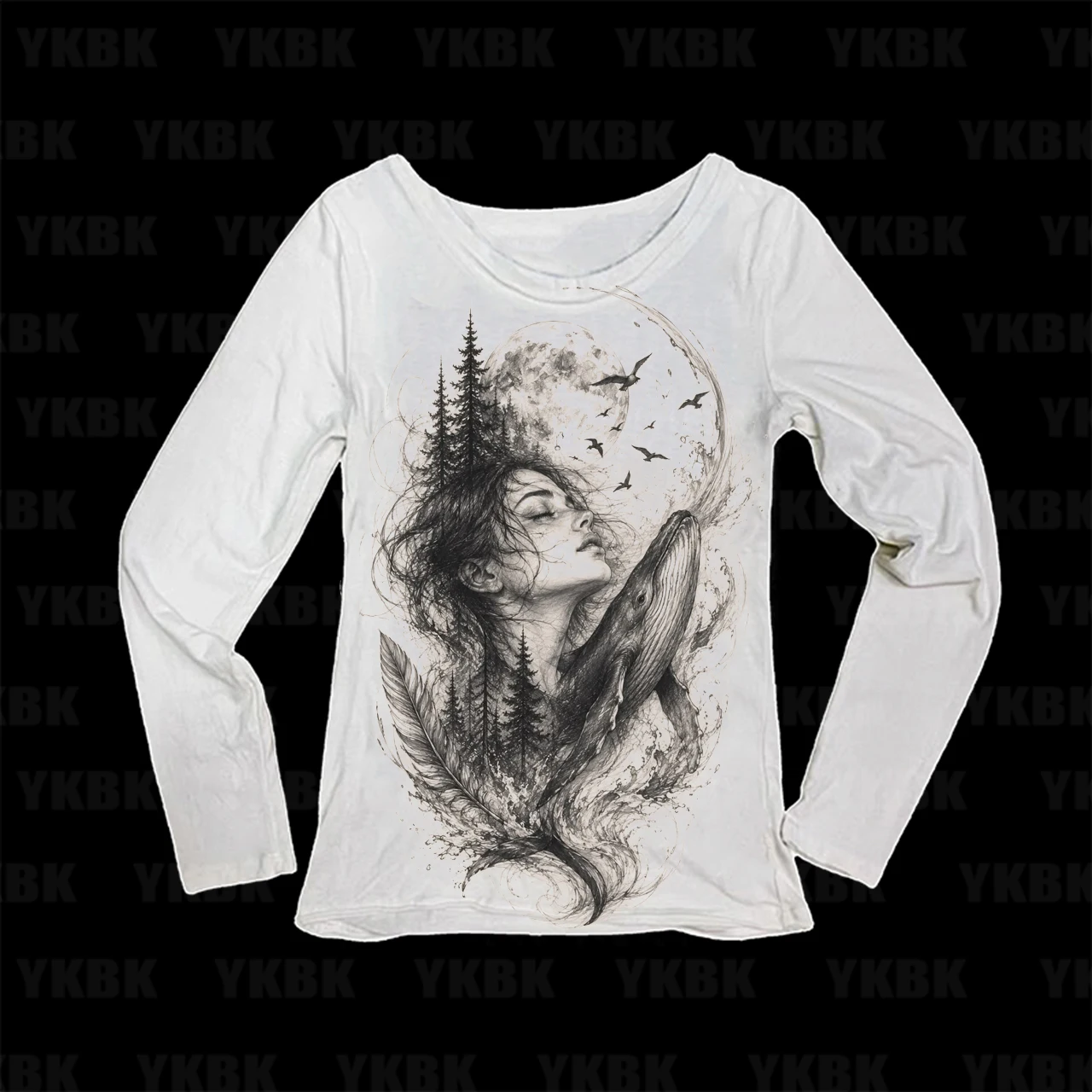 Dreamy Whale Woman Moon Forest Ink Art Graphic Print Women Long Sleeve T‑Shirt Slim Fit Nature Ladies Tops