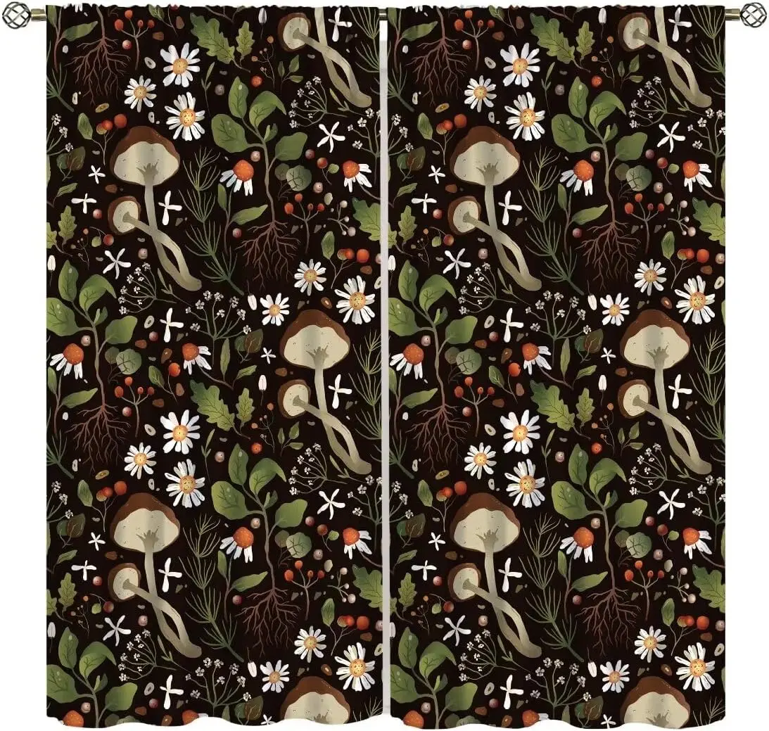 Bohemian Mushroom Floral Curtain Pair 2pcs Gothic Cottagecore Woodland Aesthetic Window Decor Curtains