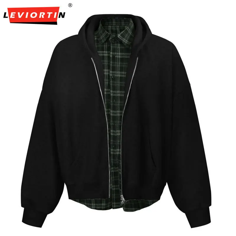 Men's and women's velvet American zipper hooded sweatshirt with niche design sense, fake two-piece checkered shirt jacket