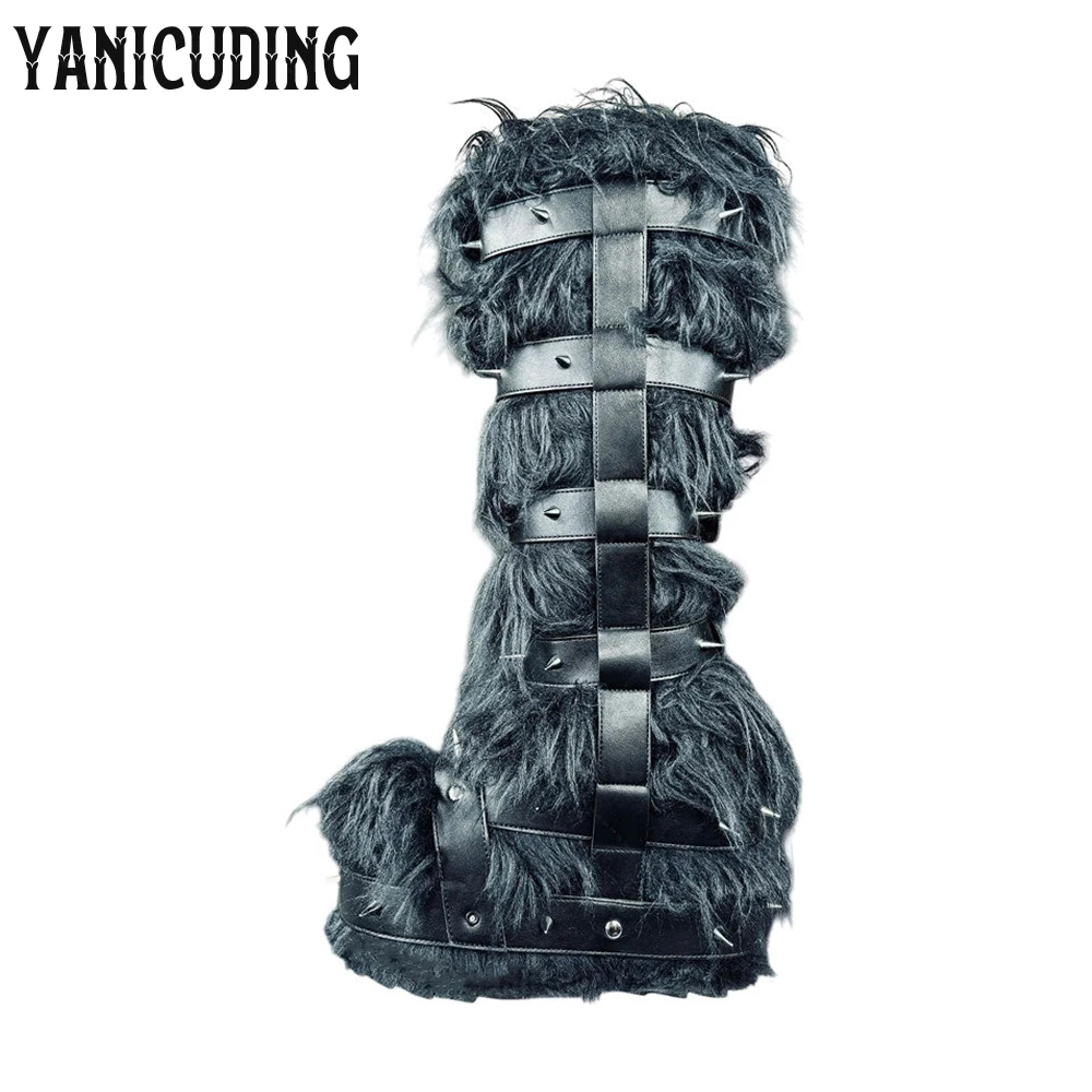 Fuzzy Monster Wedge Boots Belt Buckle Platform Furry Boots Metallic Studded Punk Style Knee-High Boots Faux Fur Warm Winter Boot