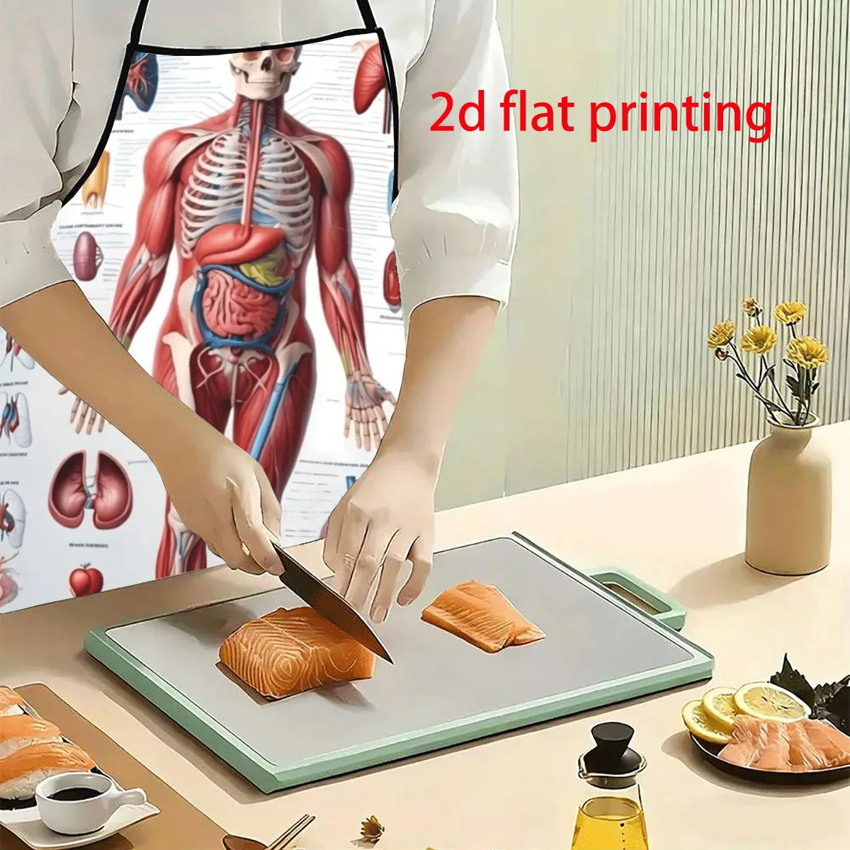 1PC 2D Flat Printed Human Anatomy Chart Apron, Durable Easy To Clean Adjustable Waistband, Unisex Kitchen Garden Apron For Home