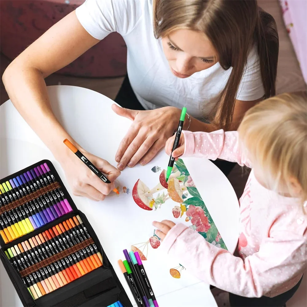 مجموعة فرشاة وأقلام تحديد رفيعة ذات طرف مزدوج | علامات فنية بأطراف مائية للخط والرسم والرسم #4