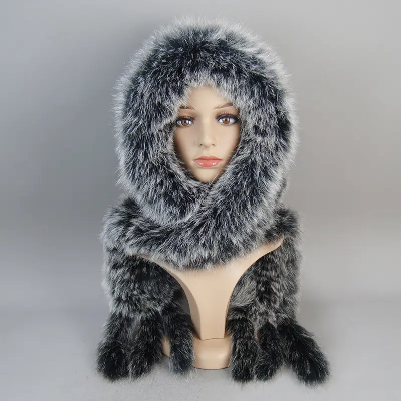 Luxury Knit Genuine Fur Caps Muffler Winter Thick Women 100% Natural Fox Fur Hat Scarves Lady Warm Fluffy Real Fox Fur Hat Scarf - Image 8