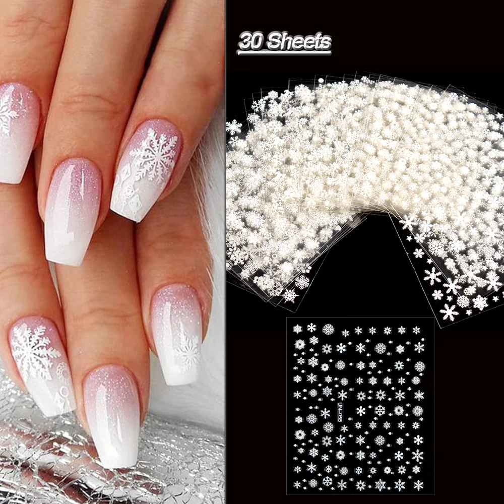 30 Sheets Christmas Nail Art Stickers Self Adhesive 3D White Snowflake Nail Decals Xmas Nail Supplies Christmas Manicure Sliders