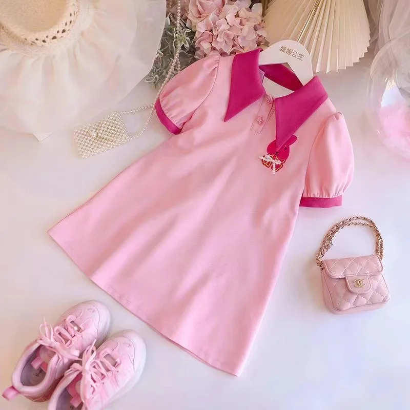 Girls Summer Dress 2023 New Girls Summer Bow Fashionable Princess Dress Polo Little Girls Cartoon Beautiful Dress Kids Clothing