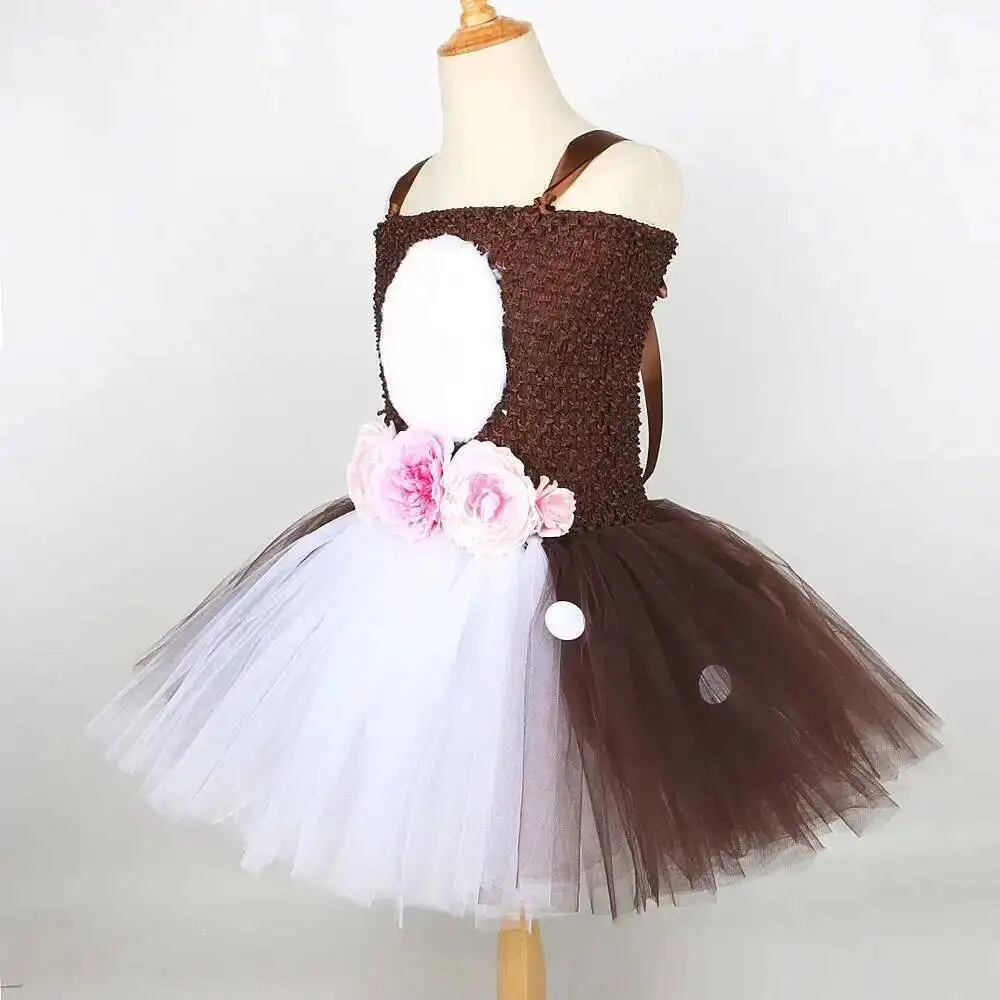 Girls Flower Deer Tutu Costumes Brown White Spotted Reindeer Dress with Antler Headband Kids Halloween Christmas Fancy Outfit