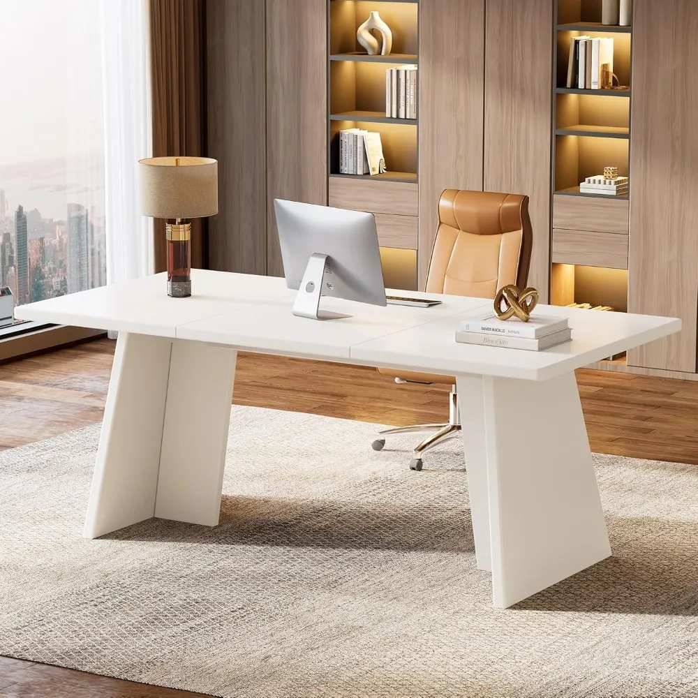 

White administrative desk, 63 large office computer conference tables, sturdy wooden base