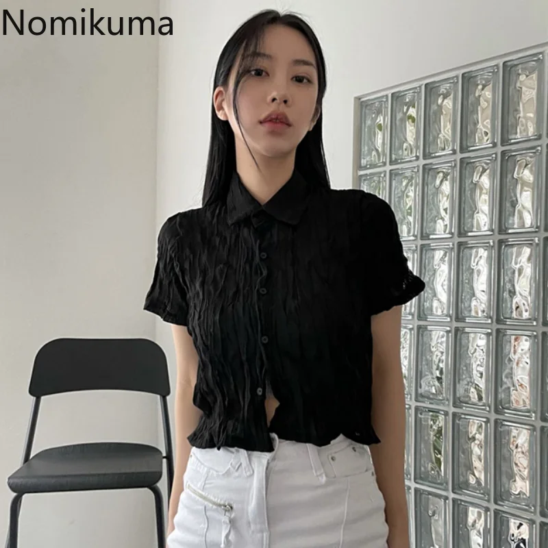 Nomikuma Crop Top Summer Turn Down Collar Pleated Hollow Out T Shirt for Women Vintage Harajuku Fashion Sexy Y2k Streetwear