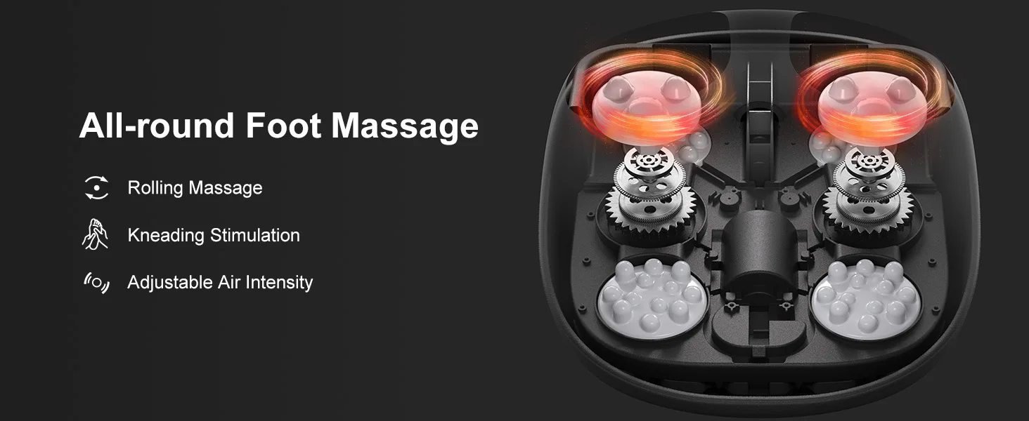 Make Time for Foot Relaxation An electric shiatsu foot massager featuring rolling and kneading massage, optional heat, adjustable air compression, and a convenient 15-minute timer.