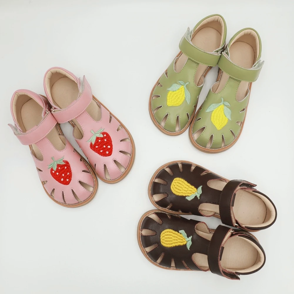 Top Quality Cowhide Children\'s Sandals Embroidery Fruit Strawberry Lemon Ya Pear Genuine Leather Baby Boys Girls Shoes 4T 6T