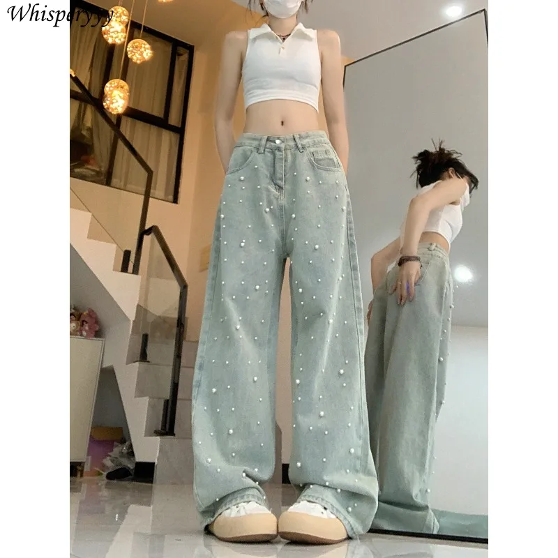 Pearl Beads Wide-leg Pants Women New Korean Fashion High Waist Denim Trousers Female Spring Autumn Casual Straight Jeans