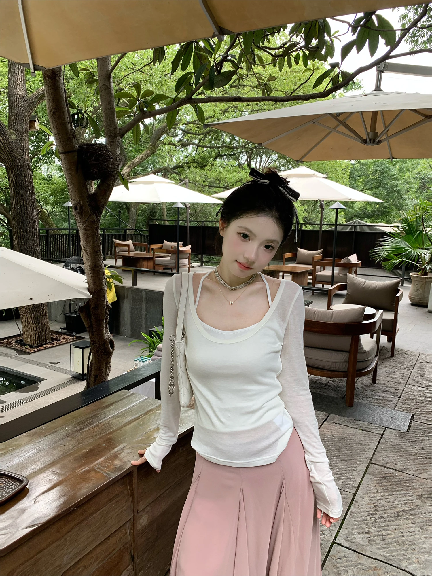 

Белая женская футболка с длинным рукавом и U-образным вырезом Ele White Long Sve U-Ne T-shirt, весенне-осенняя, тонкая, из лиоцелла, с защитой от солнца, повседневный топ, удобная посадка