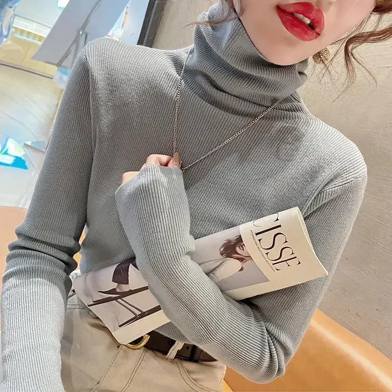 

2025 Autumn Winter New Casual Versatile Warm Pullovers Fashion Solid Color Slim Turtleneck Sweater Long Sleeves Women's Clothing