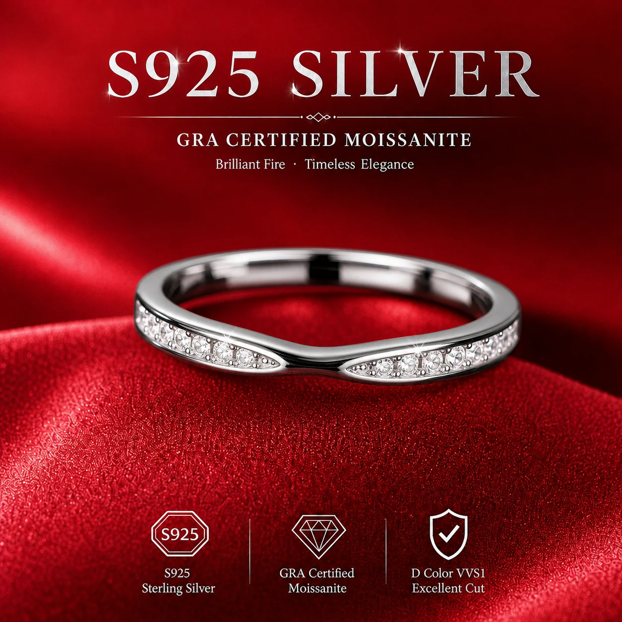 Mit GRA-Zertifikat S925 Sterling Silber 3,0mm Vollmoissanit-Ring D VVS1 3EX Schliff Funkelnder Moissanit-Band Hochzeits- und Partygeschenk – Detail 14