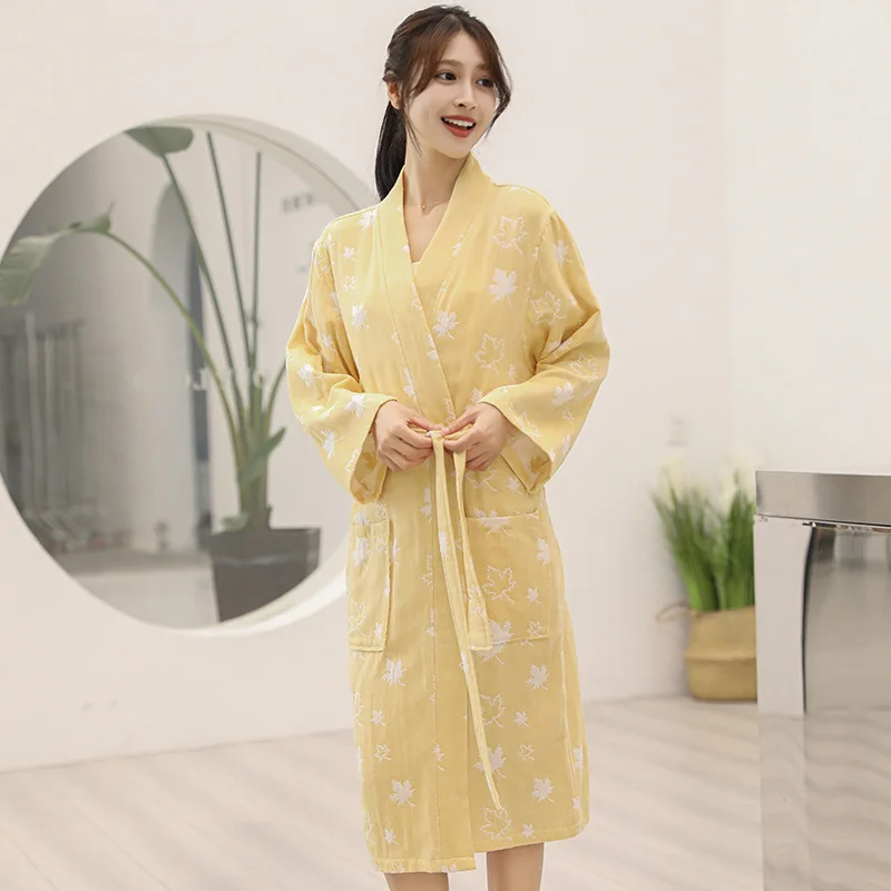 Autumn New 100% Cotton Water Uptake Nightgown Sexy Kimono Bathrobe Women\'s Sleepwear Gauze Sleepshirts Female Spa Hotel Robe