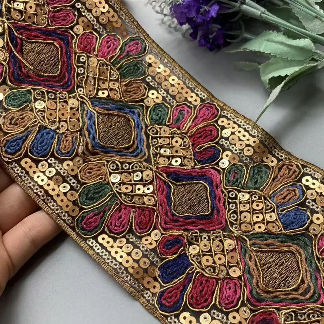 1 Yards 11.5 cm rétro paillettes dentelle garnitures tissu ruban sac vêtements brodés pour vêtements coiffure couture fournitures faites à la main