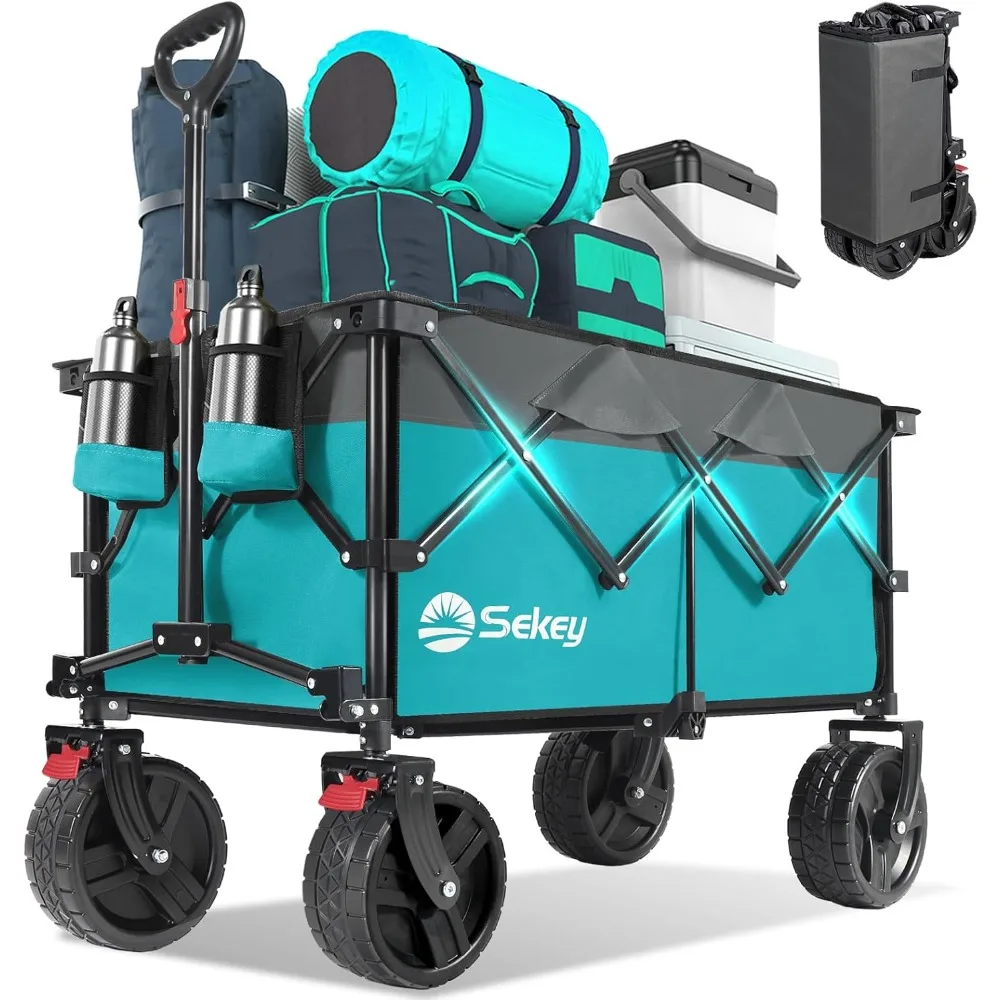 

Collapsible Wagon Cart with Big All-Terrain Beach Wheels, Foldable Heavy Duty Wagons with Cup Holders, Utility Carts for Camping