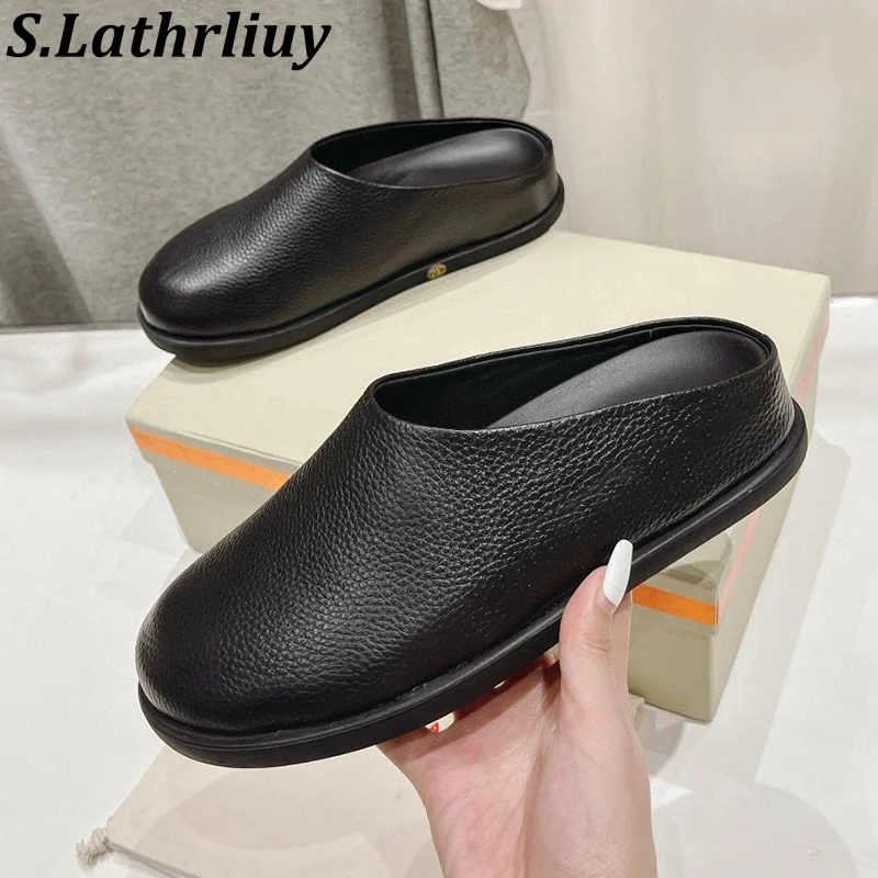 

Spring Autumn New Closed Toe Flat Heel Thick Bottom Slippers Women's Genuine Leather Home Slippers Outdoor Vacation Lazy Mules