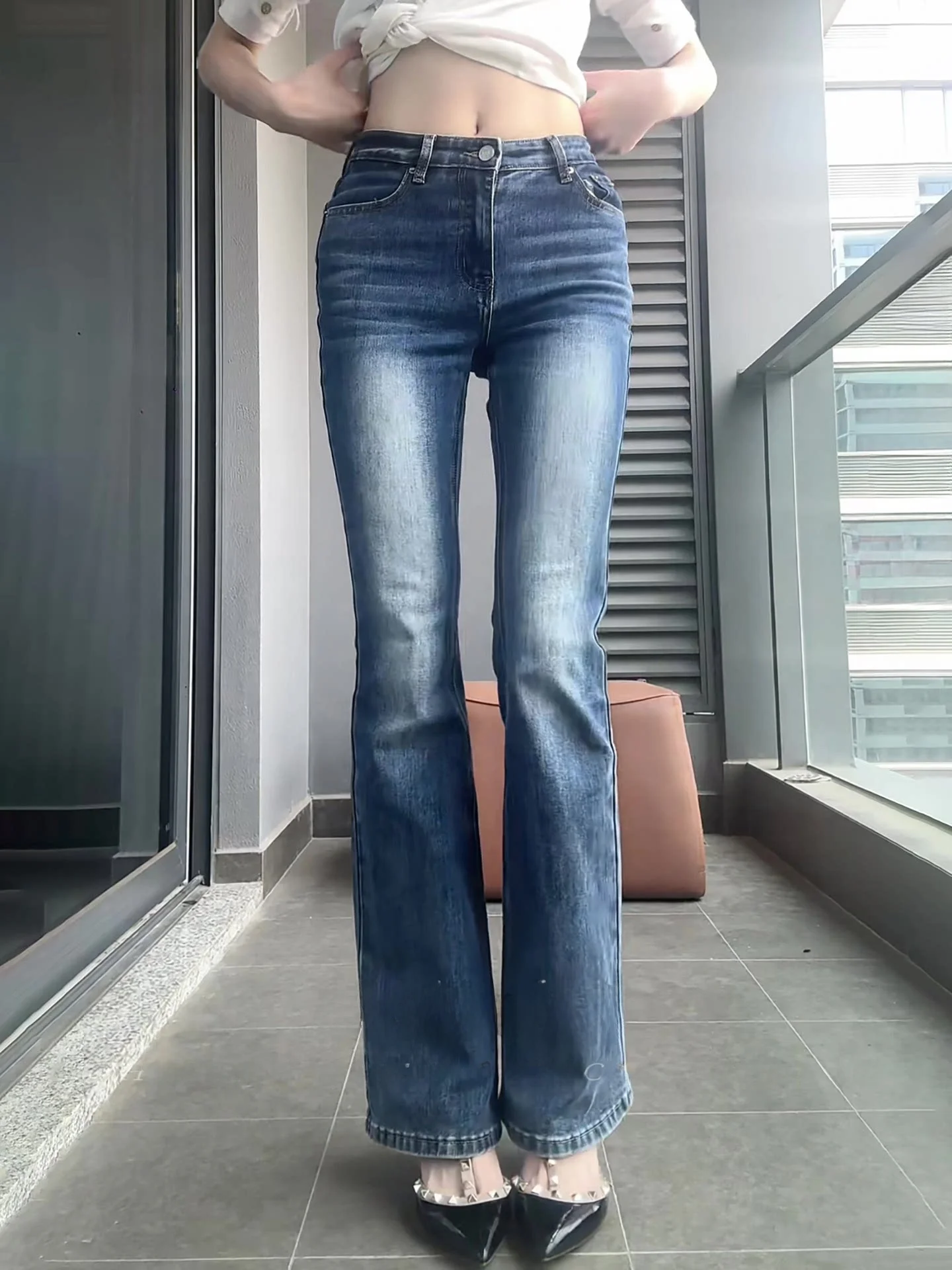 

Джинсы-клеш с высокой талией для женщин, облегающие, с эффектом подтяжки ягодиц, повседневные длинные брюки, ретро-стиль, американский синий цвет, микро-клеш, деним