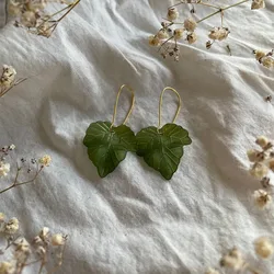 Green Frosted Opaque Acrylic Autumn Forest Leaf Kidney Wire Plated Earrings Cottage Core