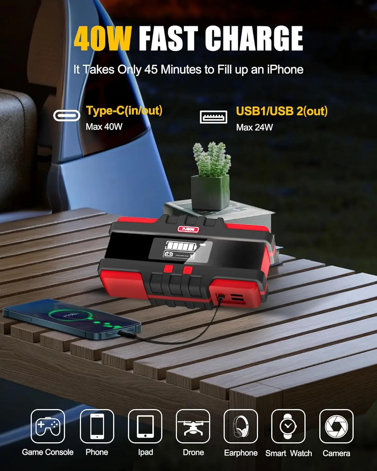 PJS06 3000A 車用ジャンプスターター、12V ポータブルブースター（電圧検出＆LEDライト付き）