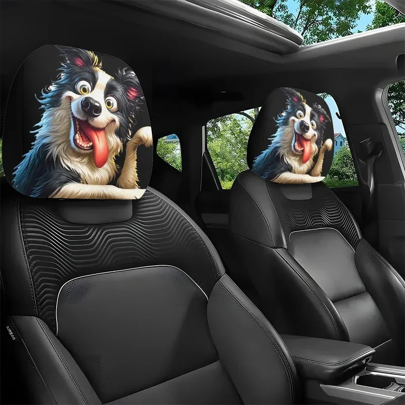 2pcs Cartoon-Style Border Collie Print  Headrest Covers, Vehicle Decor, Easy To Install and Wash