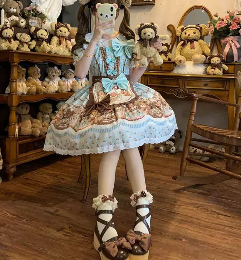 Lolita Sweet Bow Print Princess Dresses Fashion Age Reduction Slash Neck Suspender Dress Short Sleeve Peter Pan Collar Shirt