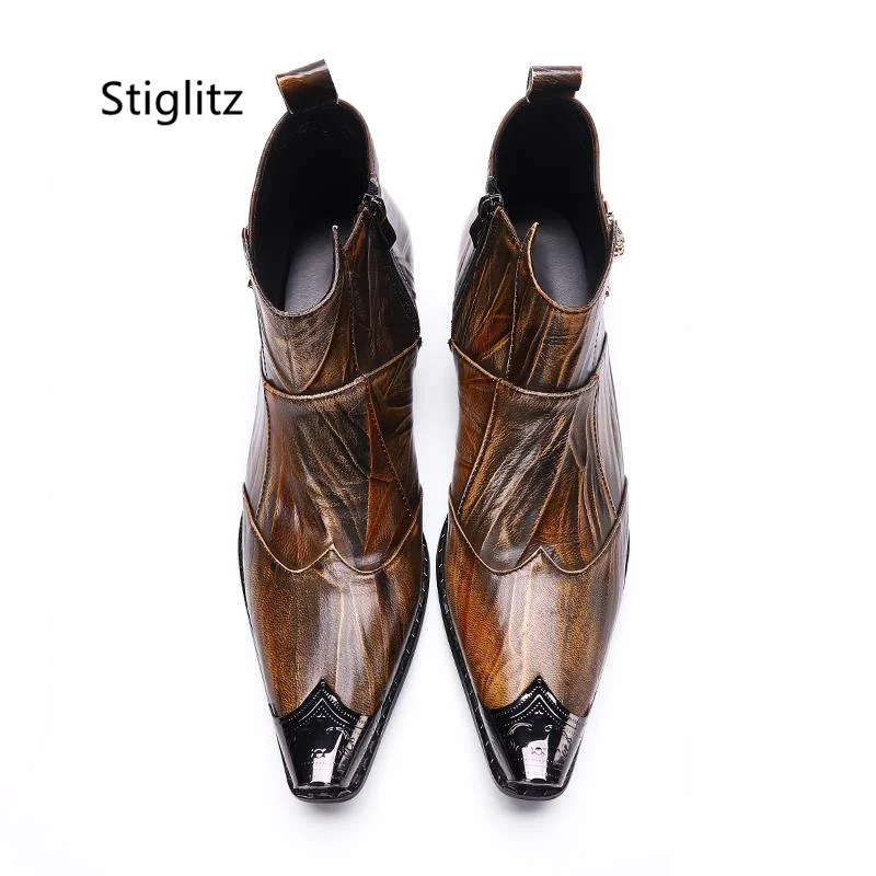 Bronze Genuine Leather Iron Toe Men\'s Chelsea Boots Zipper Metal Decor Pointy Ankle Boots High Heels Party Wedding Male Shoes