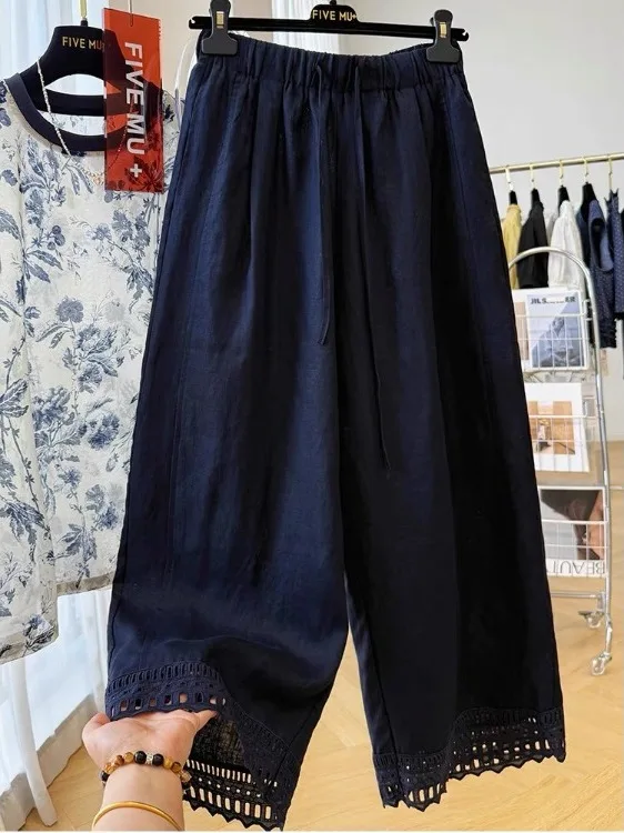 

Женские льняные брюки с высокой талией, широкими штанинами, прямым кроем, цветочным принтом, эластичным поясом, в японском стиле, укороченные (7/8)