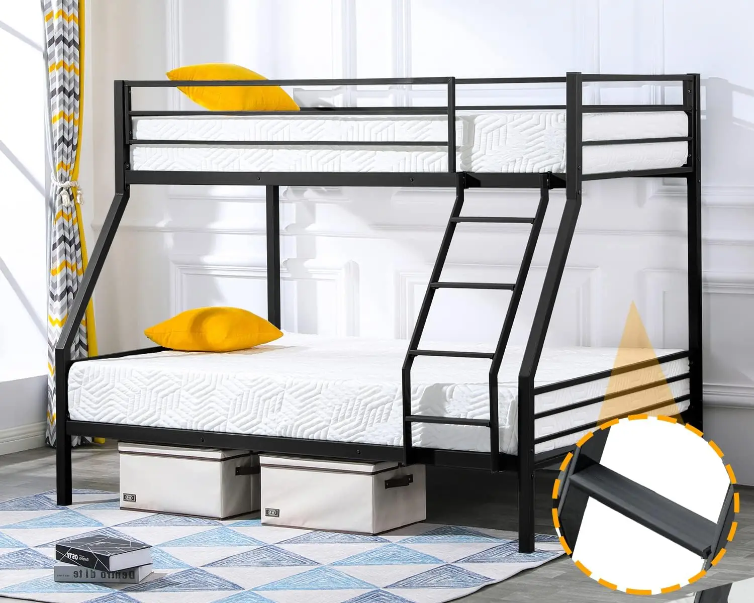 Comfort corner  Twin Over Full Bunk Bed, Bunk Beds for Kids/Adults/Teens Bunk Bed with Stairs & Flat Rungs, Black